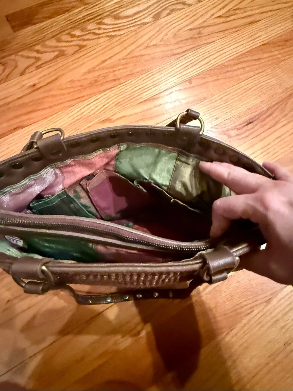 Isabella Fiore Brown Woven Shoulder Bag Beaded Mandala Pink & Green